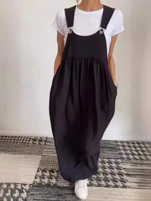 Regla - Lockeres Kleid Aus Baumwolle Und Leinen Mit Hosenträgern in Schwarz