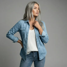 Damen Hemdjacke im klassischen Design mit Brusttaschen in Blau