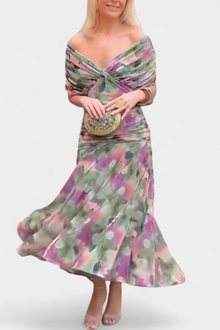 Frieda – Abendkleid für Damen mit Blumenmuster in Grün und Lila