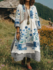 Eresha - Lässiges Langarm Kleid Mit Blumenmuster in Weiß
