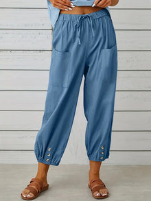 Damen Leichte Cropped Sommer Hose mit Kordelzug in Hellblau