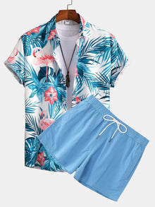 Flamingo Tropischer Print Hemden mit Knöpfen & kurze Schwimmshorts in Hellblau