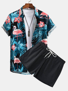 Flamingo Tropischer Print Hemden mit Knöpfen & kurze Schwimmshorts in Schwarz