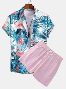 Flamingo Tropischer Print Hemden mit Knöpfen & kurze Schwimmshorts in Hellrosa