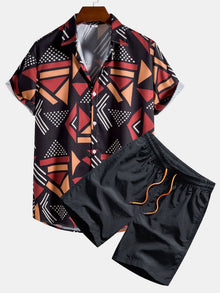 Geometrischer Print Hemd & Schwimmshorts in Schwarz