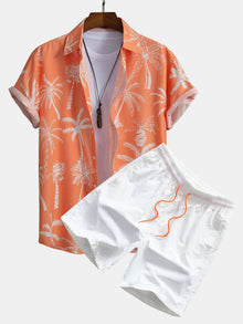 Palm Tree Print Hemd mit Knöpfen & Badeshorts in Orange