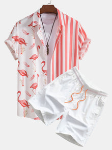 Hemd mit Flamingo-Streifen-Panel und Shorts zum Schwimmen in Weiß