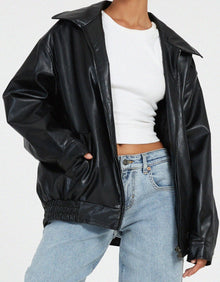 Sophia – Lässige Oversize-Jacke aus Leder in Schwarz