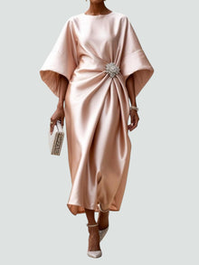 Damen Sommer Rundhals Satin Abend Maxikleid in Hellrosa