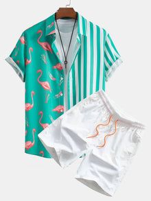 Hemd mit Flamingo-Streifen-Panel und Shorts zum Schwimmen in Grün