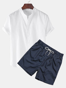 Hemd im Leinen-Look mit kurzen Ärmeln und gestreifte Shorts zum Schwimmen in Weiß