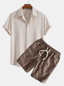 Hemd aus Leinen-Viskose-Mischung mit Knöpfen & Shorts aus Leinen-Baumwoll-Mischung mit Kordelzug in Beige & Kaffee