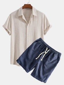 Hemd aus Leinen-Viskose-Mischung mit Knöpfen & Shorts aus Leinen-Baumwoll-Mischung mit Kordelzug in Beige