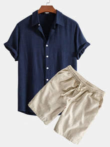 Hemd aus Leinen-Viskose-Mischung mit Knöpfen & Shorts aus Leinen-Baumwoll-Mischung mit Kordelzug in Marineblau