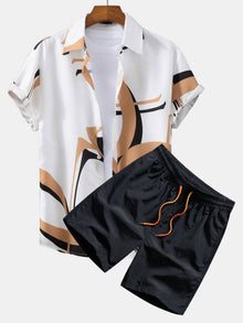Abstraktes Druck Hemd mit Knöpfen #Zufälliges Musterdesign# & Swim Shorts in Schwarz