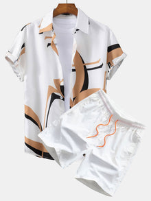 Abstraktes Druck Hemd mit Knöpfen #Zufälliges Musterdesign# & Swim Shorts in Weiß