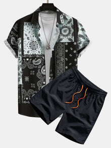 Paisley Patchwork Druck Hemd #Zufälliges Musterdesign# & Swim Shorts in Schwarz