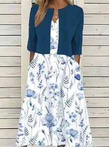 Damen Sommer Blumig Zweiteiler Midikleid Set in Dunkelblau