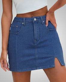 Damen Sommer Knopfleiste Mini Jeans Rock in Dunkelblau