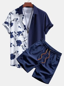 Hemd mit floralem Patchwork-Print und Shorts zum Schwimmen in Marineblau