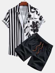 Blumen Streifen Patchwork Print Knopfleisten Hemd & Badeshorts in Schwarz