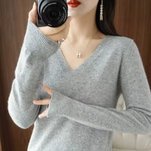 Damen V Ausschnitt Rippbündchen Strickpullover in Grau