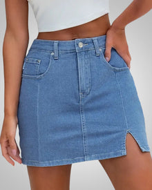 Damen Sommer Knopfleiste Mini Jeans Rock in Hellblau