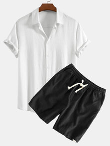 Hemd aus Leinen-Viskose-Mischung mit Knöpfen & Shorts aus Leinen-Baumwoll-Mischung mit Kordelzug in Weiß