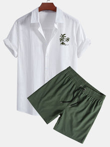 Hawaii Palmen Print Leinenoptik Baumwolle Button-Up Hemd & Shorts in Weiß