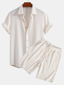 Waffel-Knopfhemd & Shorts mit Kordelzug aus Waffelstoff in Beige