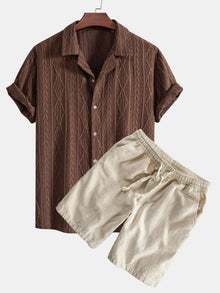 Geometrisches Jacquard Eyelet Cuban Hemd & Shorts aus Leinen-Baumwoll-Mischung in Beige