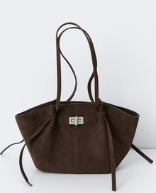 Große Damen Shopper Tasche mit Henkel und goldenem Drehverschluss in Mattes Braun