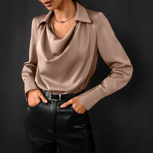 Damen Drapierter Langarm Satin Bluse in Champagner