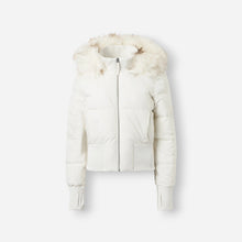 Gesteppte Winterjacke für Damen mit flauschig besetzter Kapuze und breitem Rippbund am Saum in Weiß