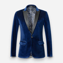 Samtblazer für Herren mit tailliertem Schnitt und Satin-Details in Blau