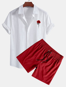 Leinenoptik Baumwollhemd mit rotem Rosen-Print und Knopfleiste & Swim Shorts in Rot