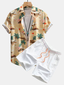 Flamingo-Lebensraum-Muster Hemd mit Knopfleiste und Shorts zum Schwimmen in Weiß
