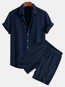 Waffel-Knopfhemd & Shorts mit Kordelzug aus Waffelstoff in Marineblau