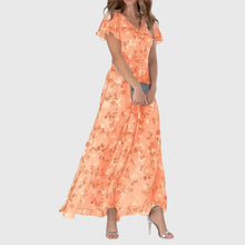Damen V-Ausschnitt Blumenmuster Sommer Midikleid in Orange