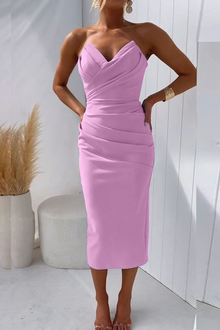 Damen Trägerloses Drapiertes Festliches Midi Kleid in Rosa