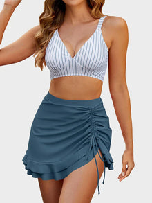 Mia | Zweiteiliges Bikini-Set für Damen mit High-Waist, Bauchkontrolle und Bade-Rock in Blau gestreift