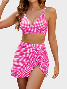 Mia | Zweiteiliges Bikini-Set für Damen mit High-Waist, Bauchkontrolle und Bade-Rock in Rosa-Weiß Kariert