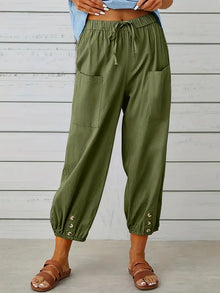 Damen Leichte Cropped Sommer Hose mit Kordelzug in Grün