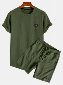 Kurzärmeliges geometrisches Jacquard-T-Shirt mit abgerundetem Saum & Shorts in Dunkelgrün