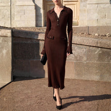 Damen Lässig Langarm Blusen Midikleid in Braun