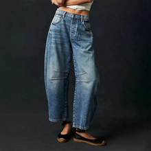 Damen Weite Cropped Alltags Jeanshose in Dunkelblau