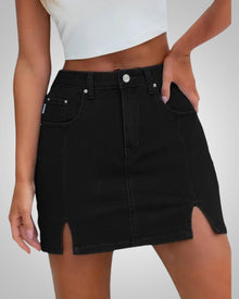 Damen Sommer Knopfleiste Mini Jeans Rock in Schwarz