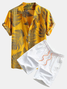 Hemden & Shorts zum Schwimmen mit tropischem Pflanzenmuster in Gelb