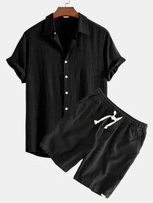 Hemd aus Leinen-Viskose-Mischung mit Knöpfen & Shorts aus Leinen-Baumwoll-Mischung mit Kordelzug in Schwarz