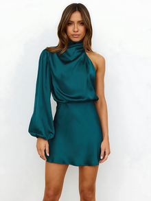Damen Lässig One Shoulder Drapiert Satin Midikleid in Dunkelblau